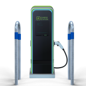 Barrier bracket | as e-charging station protection | for casting in concrete, | total width: 300mm, total height: 1400mm | hot-dip galvanized with blue reflective strips foil type RA1/A